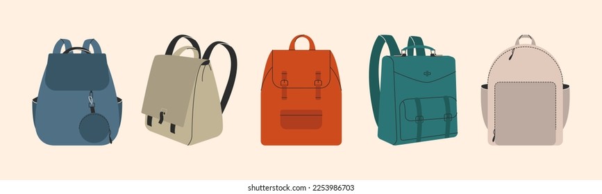 Mochila de dibujos animados. Mochila de cartón con bolsillo y cremallera, mochila de moda plana, cajón escolar. Colección de vectores