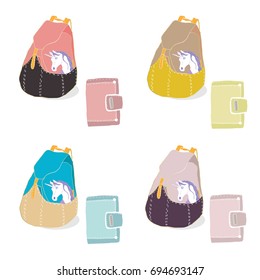 Cartoon Backpack with Stylish Wallet isolated on white. Background texture Vector illustration. 