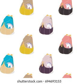 Cartoon Backpack with Stylish Wallet isolated on white. Background texture Vector illustration. 