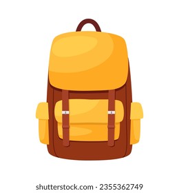 Mochila de dibujos animados. bolsa de viaje. Bolso escolar de visión frontal en colores amarillo y marrón. Ilustración vectorial aislada