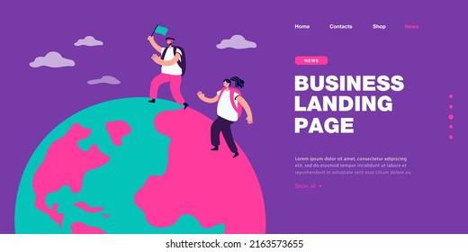 Cartoon backpackers with flag walking on globe. Man and woman hiking, journey around world flat vector illustration. Camping, traveling, tourism concept for banner, website design or landing web page