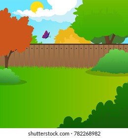 Cartoon backyard landscape with green meadow, bushes, trees, wooden fence, blue sky and flying butterfly. Summer nature background. Sunny day. Flat vector design