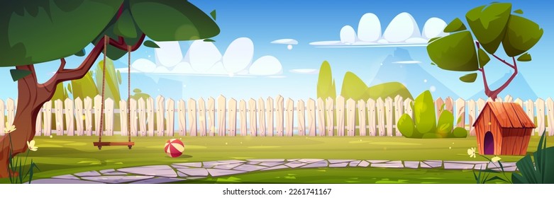 Cartoon backyard in summer with dog house and child toys. Vector illustration of green garden with flowers and lawn, handmade swing on tree, colorful ball, and pet kennel surrounded by wooden fence