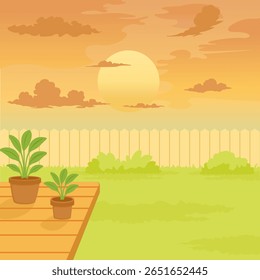 Cartoon Backyard at Sunset Illustration