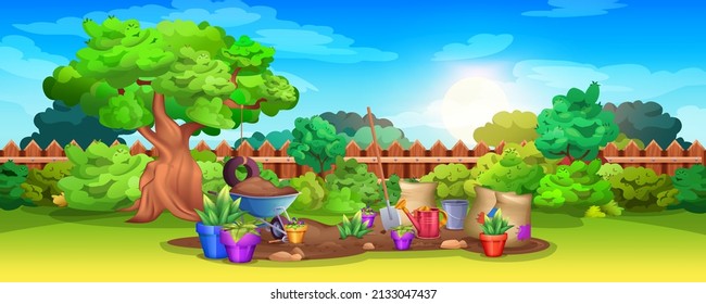 Cartoon backyard with tree, wooden fence and gardening tools. Summer landscape with garden wheelbarrow with soil, watering can, shovel and sacks. Grass lawn with growing plants and potted flowers.