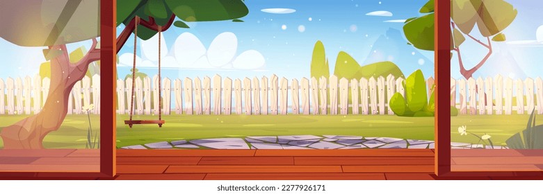 Cartoon backyard view from open glass door on wooden patio. Vector illustration of house porch, home garden with green grass and tree swing, stone footpath, wooden fence under blue sky. Summer area