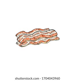 Cartoon bacon drawing isolated on white background - breakfast food element with wavy shape made from pork meat, hand drawn vector illustration.