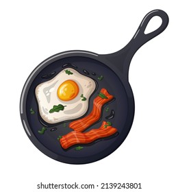 Cartoon bacon with fried eggs in a frying pan.