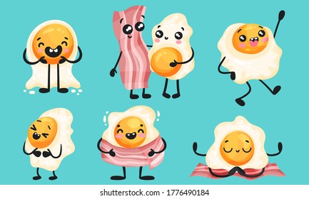 Cartoon Bacon Strip and Scrambled Egg Doing Different Activities Vector Set