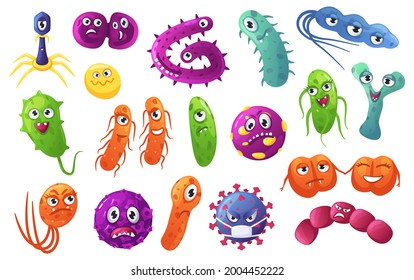 Cartoon-Bakterien-Charaktere. Geruchte Bakterien, Keime, Viren mit lustigen Gesichtern. Freundliche Mikroben und gefährlicher Krankheitserreger Vector Set. Krankheitsinfektionszellen verschiedener Formen
