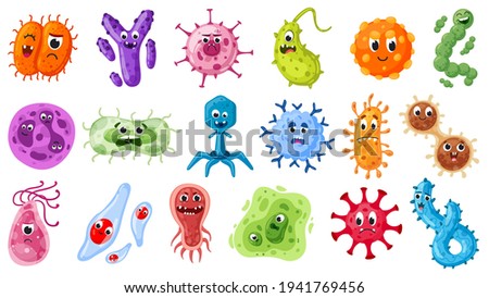 Cartoon bacteria characters. Viruses, germs and pandemic microbes emoticons microorganism. Disease viruses mascots vector illustration set