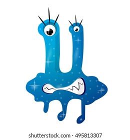 Cartoon bacteria, fun character, cute monster with shapes, colors and facial expression. Funny virus cell and microbe. Cartoon design. Vector isolated on white background.