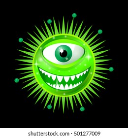 Cartoon bacteria, fun character, cute monster with shapes, colors and facial expression. Funny virus cell and microbe. Cartoon design. Vector isolated on white background.