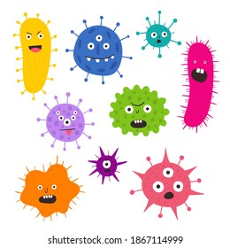 Cartoon  bacteria and germs. Color microbes and disease viruses isolated on white background. Good and bad microbes.