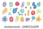 Cartoon bacteria mascot. Virus character, bacterias with funny faces. Color microbes and disease viruses isolated vector illustration set. Monster creature organism, bacteria and microbe