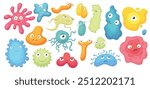 Cartoon bacteria mascot. Virus character, bacterias with funny faces. Color microbes and disease viruses isolated vector illustration set. Monster creature organism, bacteria and microbe