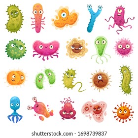 Cartoon bacteria mascot. Virus character, bacterias with funny faces. Color microbes and disease viruses isolated vector illustration set. Monster creature organism, bacteria and microbe