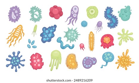 Cartoon bacteria mascot. Virus character, bacterias with funny faces. Color microbes and disease viruses isolated vector illustration set. Monster creature organism, bacteria and microbe