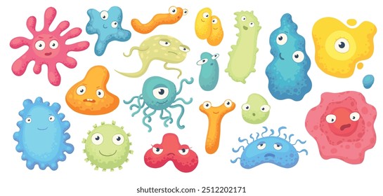 Cartoon bacteria mascot. Virus character, bacterias with funny faces. Color microbes and disease viruses isolated vector illustration set. Monster creature organism, bacteria and microbe