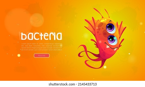 Cartoon bacteria or virus cell web banner. Cute germ character with funny face. Smile pathogen microbe with big eyes and long flagella, microbiology science organism, alien monster Vector illustration
