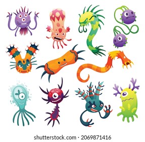 Cartoon bacteria virus. Germ or microbe set. Funny characters collection. Cute kids toy monster icons. Colored stylized drawings vector collection