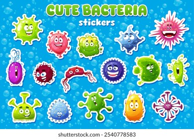 Cartoon bacteria, virus and germ stickers of funny characters, vector emoji emoticons. Cartoon cute bacteria and virus stickers with happy faces and silly smiles, freaky flu and silly monster microbes