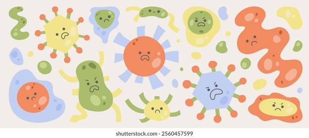 Cartoon bacteria, viruses, and microorganisms with angry expressions on a light background. Microbiology concept design for posters, education, and digital projects.