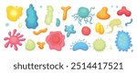 Cartoon bacterias. Biological viruses and infectious bacteria. Microbes and allergens, microbiology research icons. Human healthcare neoteric vector set