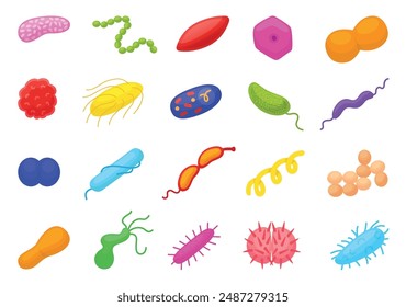 Cartoon bacterias. Biological viruses and infectious bacteria. Microbes and allergens, microbiology research icons. Human healthcare neoteric vector set