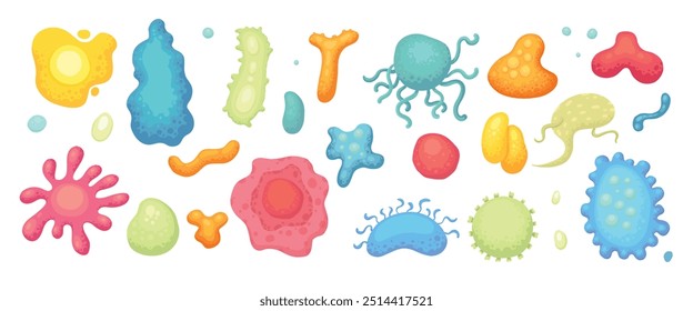 Bactérias de desenhos animados. Vírus biológicos e bactérias infecciosas. Micróbios e alergênios, ícones da pesquisa microbiológica. Conjunto de vetores neotérmicos para o tratamento de saúde humana