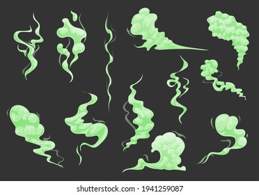 Caricatura nubes de mal olor verde, humo y equipo de vapor tóxico. Albornoces vectoriales o hedor, senderos de humos, desagradable respiración fastidiosa, pedo, olor a comida podrida. El vapor de basura aislado en el fondo negro