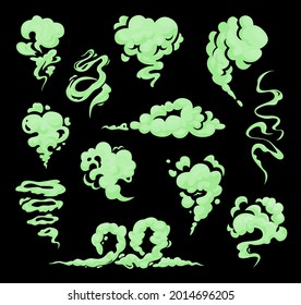 Cartoon bad green smell, stench, stink smoke and toxic clouds isolated vector set. Disgusting stinky breathing, fart, spoiled rotten food odor. Curly fume trails, garbage vapor on black background