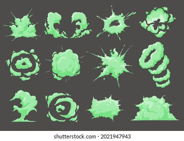 Cartoon bad green smell, stench, stink smoke. Disgusting stinky breathing, fart, spoiled rotten food odor. Curly fume trails, rings garbage vapor toxic clouds scent, gas vapor isolated vector set