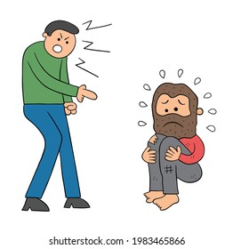Cartoon bad man insults homeless man vector illustration. Black outlined and colored.