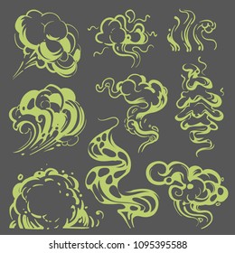 Cartoon bad smell stench green clouds vector set isolated. Illustration of vapor and breath cartoon stink