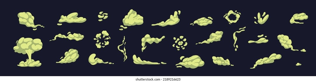 Cartoon bad smell toxic clouds. Bad smell toxic clouds. Smelling smoke. Green stink aroma and stinky smoke cartoon. Isolated vector illustration