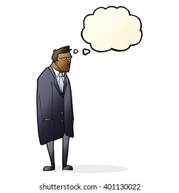 cartoon bad tempered man with thought bubble