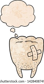 cartoon bad tooth with thought bubble in grunge texture style