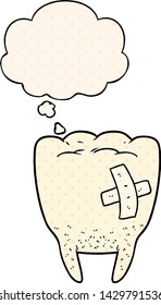 cartoon bad tooth with thought bubble in comic book style