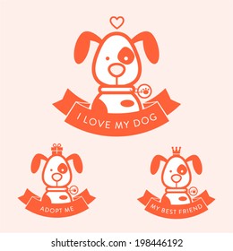 Cartoon badge character dog. Inscription I love my dog. Adopt me. My best friend.