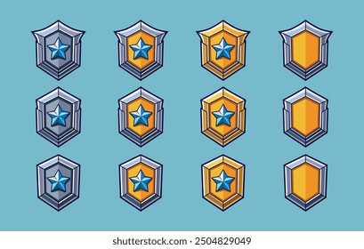 Icono de insignia de dibujos animados con estrellas. Icono de escudo y protección. Plata metálica y rango de nivel de oro. Para juegos de fantasía y rol.