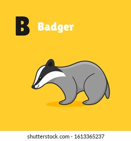 Cartoon badger, cute character for children. Vector illustration in cartoon style for abc book, poster, postcard. Animal alphabet - letter B.