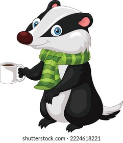 Cartoon badger wearing scarf holding hot coffee