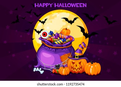 Cartoon bag with candy, set Illustration Happy Halloween