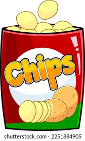 Cartoon Bag Of Chips. Vector Hand Drawn Illustration Isolated On Transparent Background