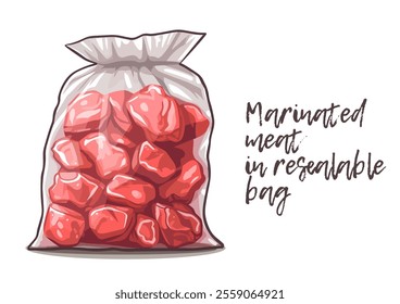 Cartoon bag filled with marinated meat, packaged inside a resealable bag vector icon isolated on white background. Plastic bag contains marinated meat, placed inside a resealable bag for freshness
