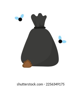 Cartoon bag fly garbage. Flies over garbage, poop. Vector illustration.