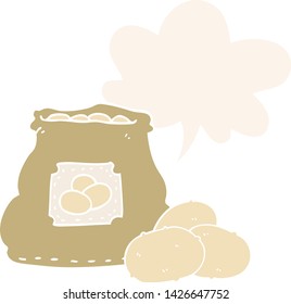 cartoon bag of potatoes with speech bubble in retro style