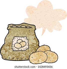 cartoon bag of potatoes with speech bubble in grunge distressed retro textured style