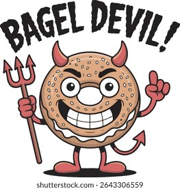 Cartoon Bagel Devil Character Illustration Brown Tan Red White Sesame Seeds Holding Pitchfork Mischief